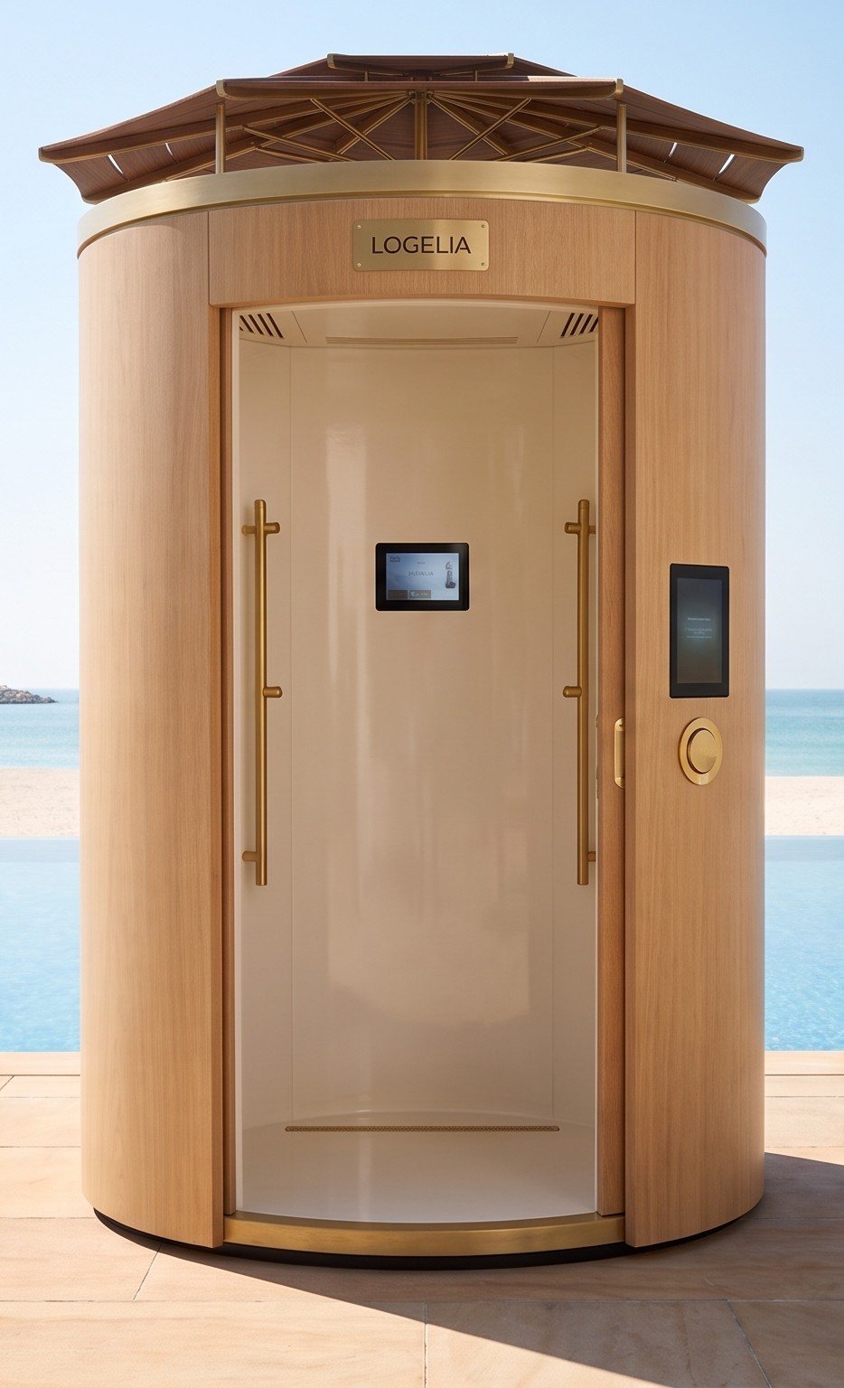 Cabine Logelia vue de face, porte ouverte : cylindre en chêne clair, liseré laiton et toit-parasol en bois, devant une piscine et la mer