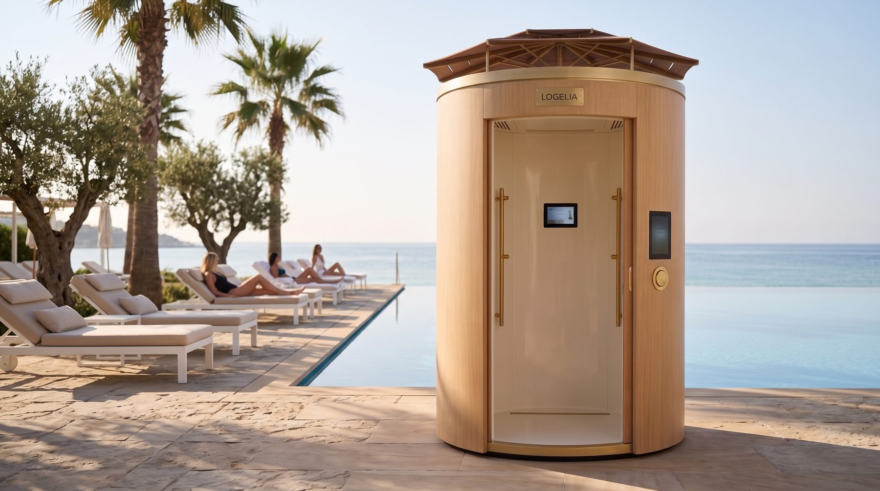 Cabine Logelia installée au bord de la piscine à débordement d'un hôtel, face à la mer, entre transats et oliviers